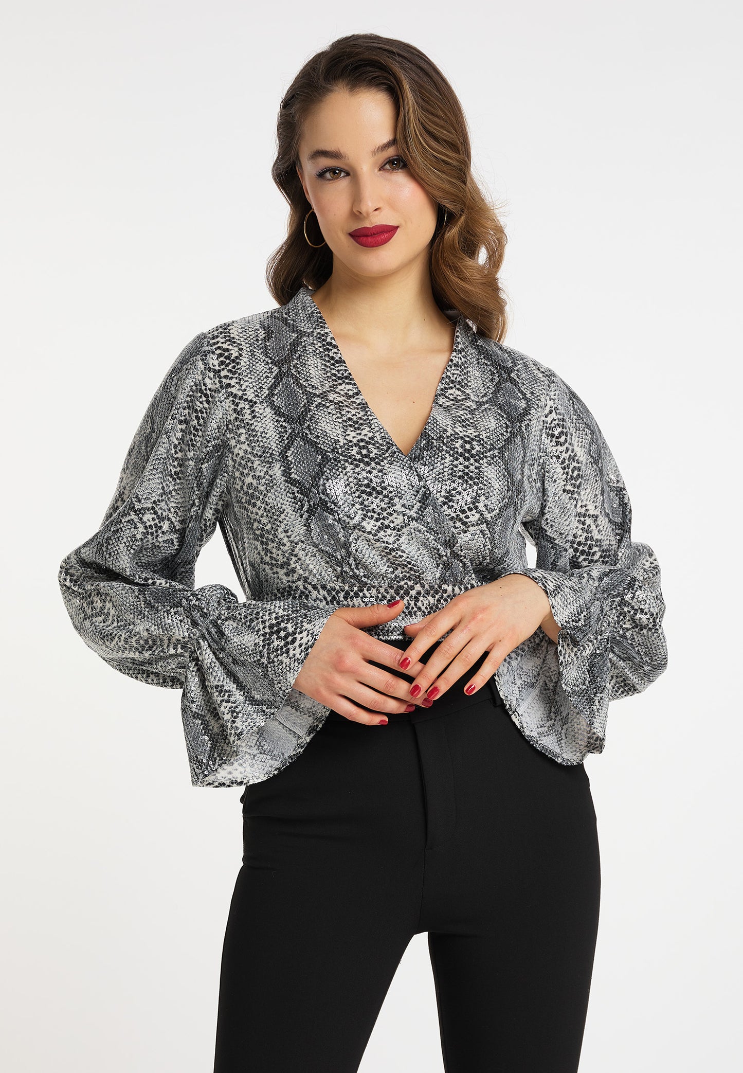 faina women's wrap blouse with sequins