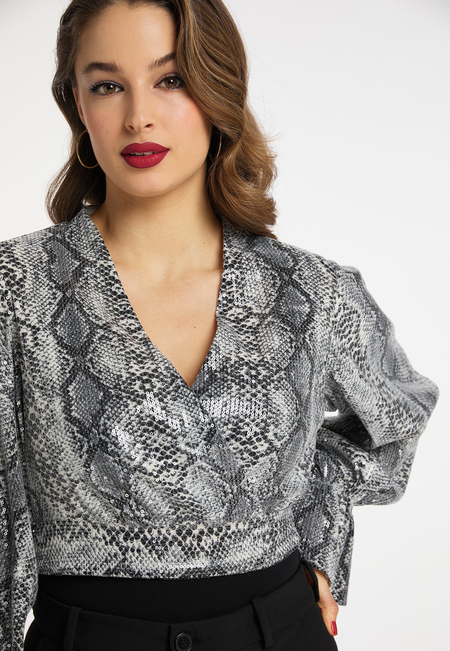 faina women's wrap blouse with sequins