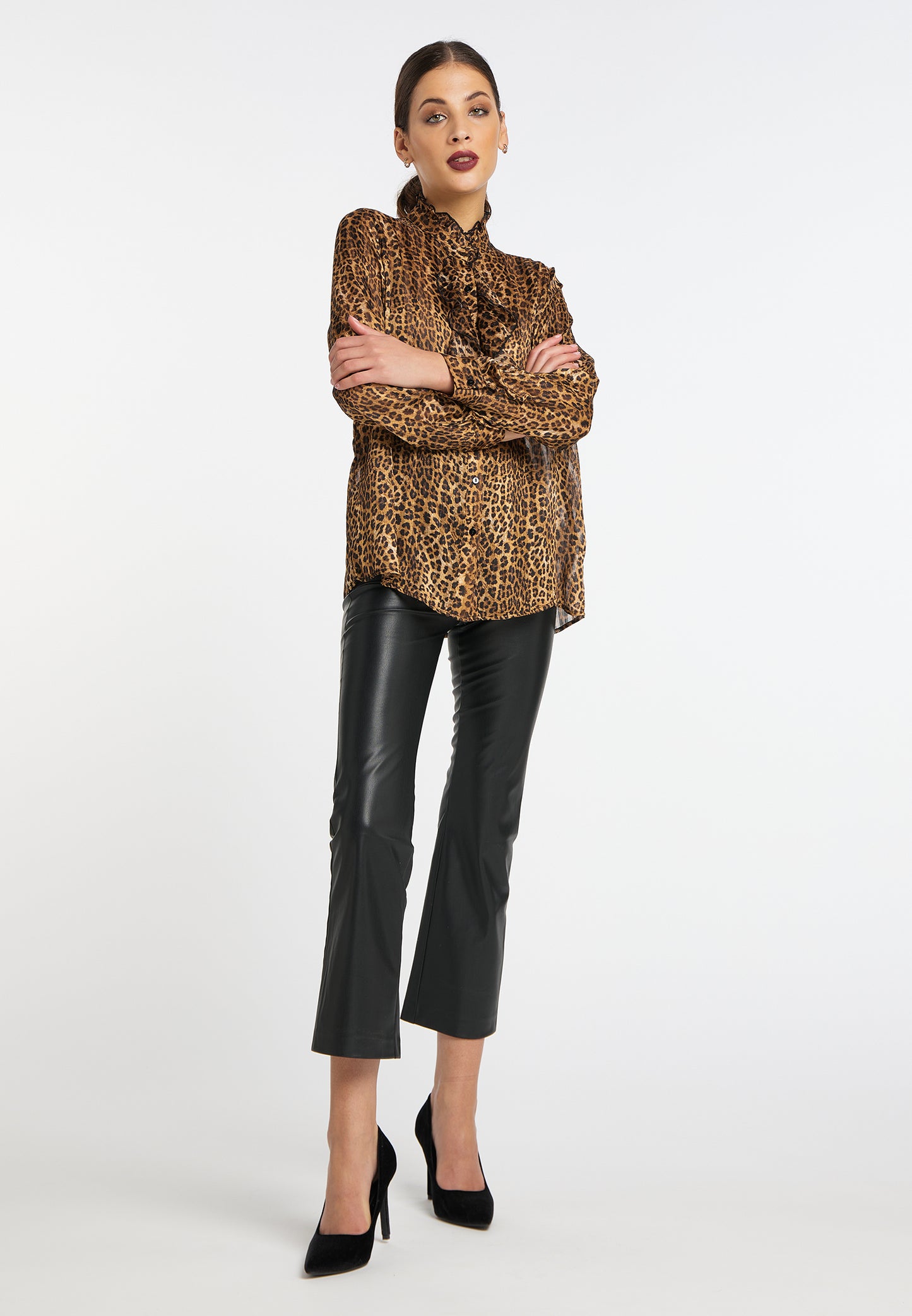 faina women's ruffled blouse with leopard print
